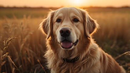 A golden retriever is sitting in a field of tall grass