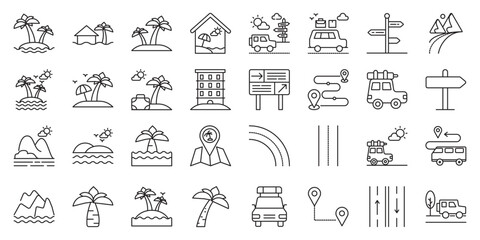 Island Road Trip Adventures set of web icons in line style. island road trip, coastal road trip, tropical island drive and scenic island routes. Vector illustration