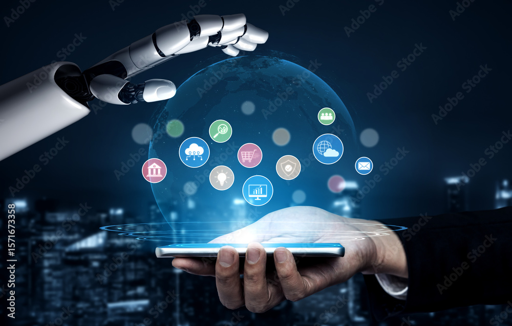 Poster ai assists in organizing and visualizing a digital ecosystem of business icons to represent key serv