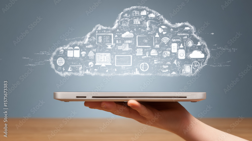 Poster hand showing laptop computer with cloud network computer connects to internet server service for clo