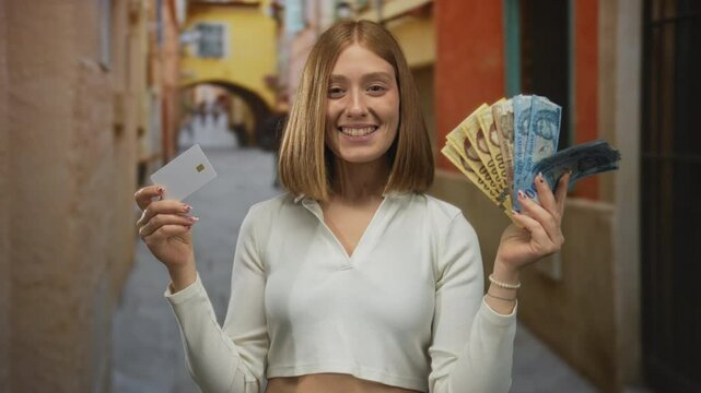 Woman smiling holding hungarian forint banknotes and credit card outdoors in an old town street setting showcasing financial freedom and travel.