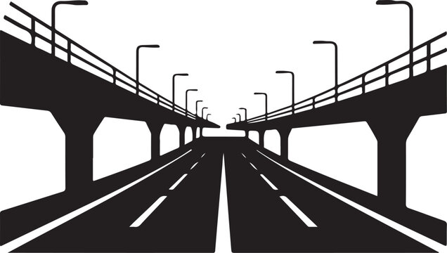Perspective view of an elevated highway with streetlights in silhouette