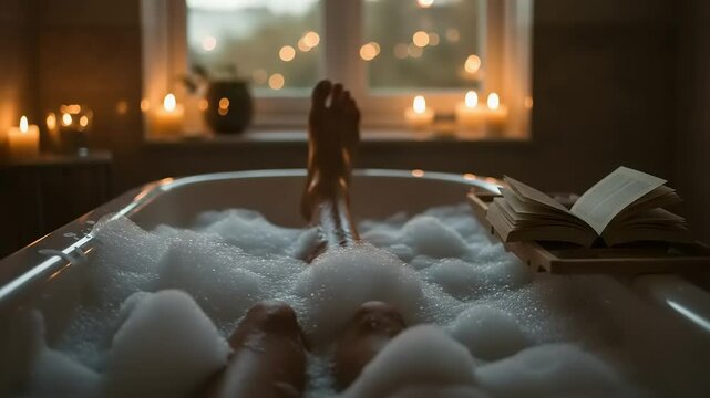 Relaxing bubble bath with a book