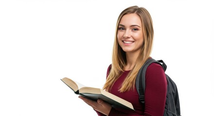 Young woman with backpack reading a book on a white setting looking at the viewer smiling warmly