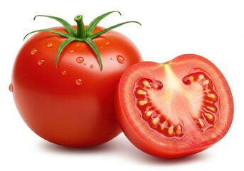 A whole red tomato with water droplets and a halved tomato showing the seeds on a white surface