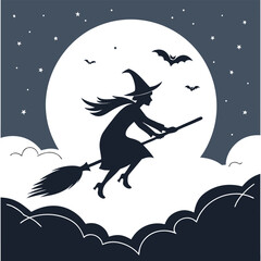 Silhouette of a witch flying on a broomstick in front of a full moon with bats and stars at night sky