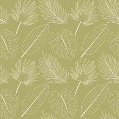 Seamless vector pattern with monstera, palm leaves. Outline drawing. Perfect for textiles, wallpapers, wrapping paper. Botanical pattern with tropical leaves.