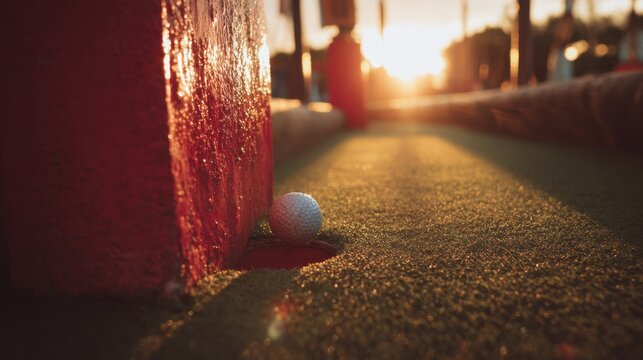 Miniature golf ball near hole at sunset for relaxation and leisure - Powered by Adobe