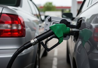 Close up of a green fuel nozzle inserted into a silver car at a filling station while refueling car
