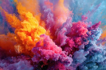 Vibrant explosion of colors fills the canvas during an artistic event in a bustling urban center in the afternoon light