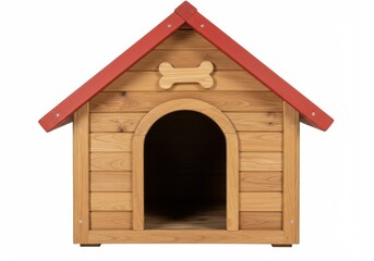 A wooden dog house with red roof and bone decoration on a white studio type of background setup