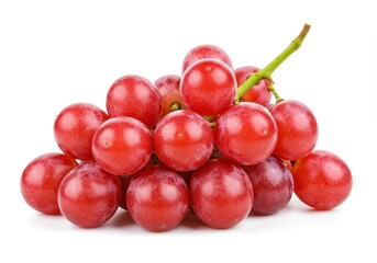 Close up view of a bunch of vibrant crimson grapes with a stem on a bright, clean surface setting