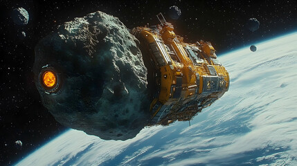 Detailed space vessel, yellow and gray, is attached to an asteroid orbiting above a blue and white planet