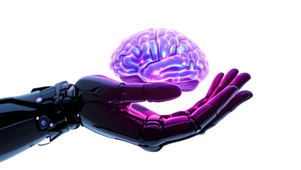 A futuristic robotic hand gently cradles a glowing purple and blue brain, symbolizing the convergence of artificial intelligence and human intellect isolated on transparent background