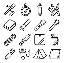 Obraz premium Essential survival gear collection, emergency and outdoor essentials. wilderness kit icons.