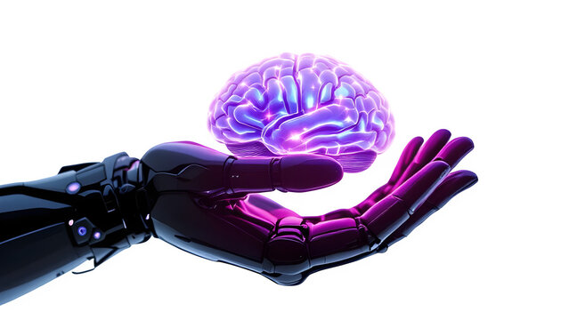 A futuristic robotic hand gently cradles a glowing purple and blue brain, symbolizing the convergence of artificial intelligence and human intellect isolated on transparent background - Powered by Adobe