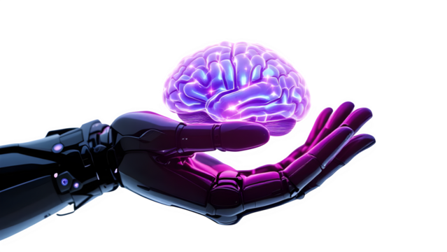 A futuristic robotic hand gently cradles a glowing purple and blue brain, symbolizing the convergence of artificial intelligence and human intellect isolated on transparent background