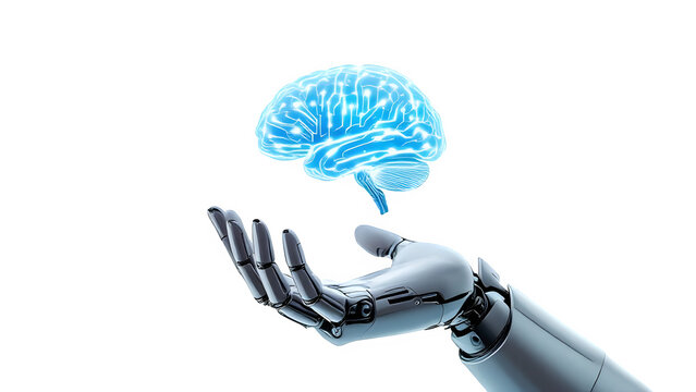 A metallic robotic hand delicately holds a translucent, blueglowing brain, representing the intersection of artificial intelligence and human cognition isolated on transparent background