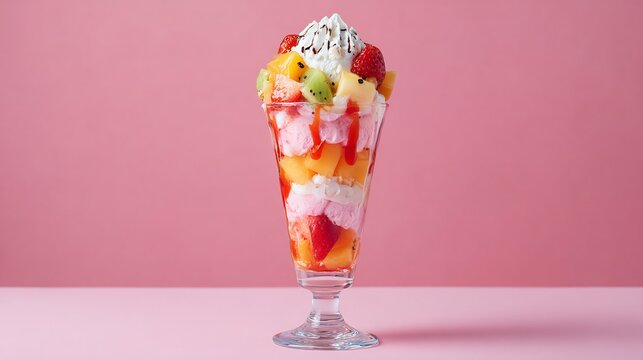 Colorful layered ice cream parfait fruit chunks sauce and whipped cream in tall dessert glass top view pastel background