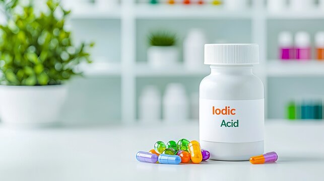 A white bottle labeled 'Iodic Acid' with colorful capsules scattered around, set against a bright, modern background.