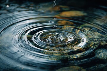 Close up of the intricate ripple effect created by a single droplet impacting still water on a bed of smooth stones during a calm afternoon