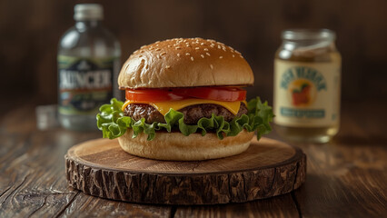 Classic Beef Cheeseburger with Fresh Lettuce and Sliced Tomatoes, Served on a Rustic Wooden Board with Bottled Beverages in a Warm, Cinematic Setting