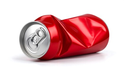 Crumpled red soda can lying sideways with an opened pull tab