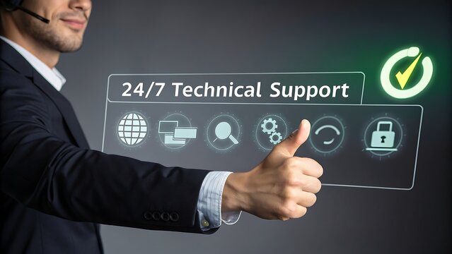 Photo of a friendly support agent gives a thumbs up, showcasing 247 technical support with various digital icons displayed on a screen