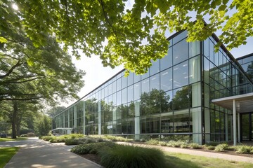 Obraz premium Modern glass office building surrounded by lush green trees and landscaping