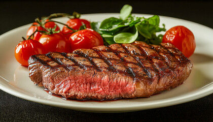 Grilled steak with cherry tomatoes and fresh greens on a white plate