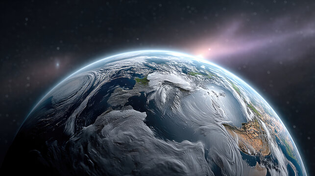Earth planet space atmosphere sunrise orbit clouds ocean continent cosmic beauty with sunlight illuminating horizon - Powered by Adobe