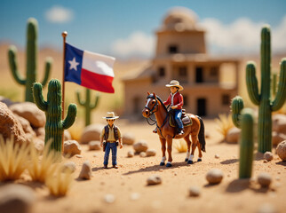 Two cowboys on Blurred background, one mounted on a brown horse, stand among tall green cacti and dry rocks near a rustic adobe building, Texas flag fluttering, sunlit wild west landscape