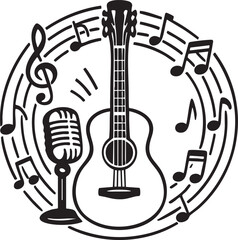 Acoustic Guitar Microphone and Music Notes in a Circular Black and White Design