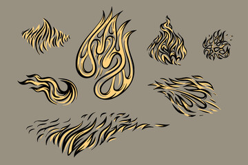 Stylized flame vector set, abstract fire shapes for tattoo, logo, or graphic design elements