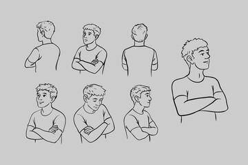 Man standing with arms crossed vector set – front, side, and back views, casual pose, character design reference, isolated on white background.