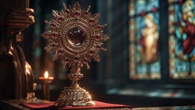  Ornate golden monstrance with red gems on an altar, bathed in light from stained glass windows, symbolizing Catholic Eucharist and spiritual devotion 
