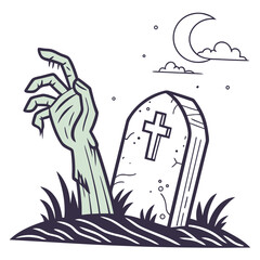 A creepy zombie hand emerges from the ground next to a tombstone with a cross under a crescent moon and starry sky