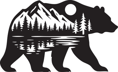 Bear Silhouette with Mountain Landscape Inside Vector Illustration for Prints and Designs