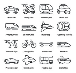 Futuristic vehicle collection, advanced transport icons. innovative mobility set