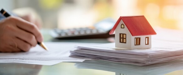 The miniature house representing real estate investment and paperwork signing process.