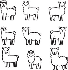 Obraz premium set of hand drawn line art vector of cute alpaca llama