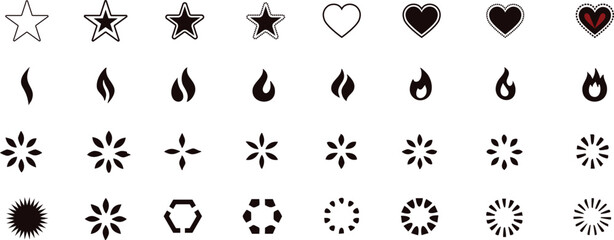 Vector Icon Collection with Stars, Hearts, Flames, and Abstract Shapes