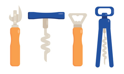 Set of kitchen appliances, devices in cartoon style.Vector illustration of kitchen utensils with wooden handles, steel: can opener, corkscrew, potato peeler, wine opener, isolated on white background.
