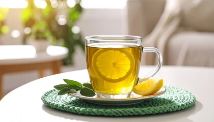 Green tea with lemon slice and sage leaf garnish