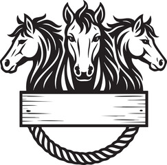 Three Horse Heads with Wood Sign and Rope Frame in Black and White Vector