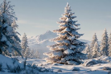 Obraz premium Majestic AI-generated Christmas fir tree surrounded by snowcapped mountains and winter landscape in bright daylight during the holiday season