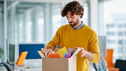 Employee packing office belongings in box after resignation