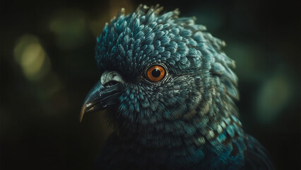 Majestic Victoria Crowned Pigeon from New Guinea, Showcasing its Exquisite Blue-Grey Plumage, Ornate Lacy Crest, and Striking Red Eyes in a Detailed Wildlife Portrait