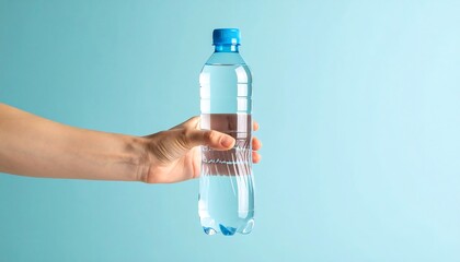 Left hand raising plastic water bottle against light blue background