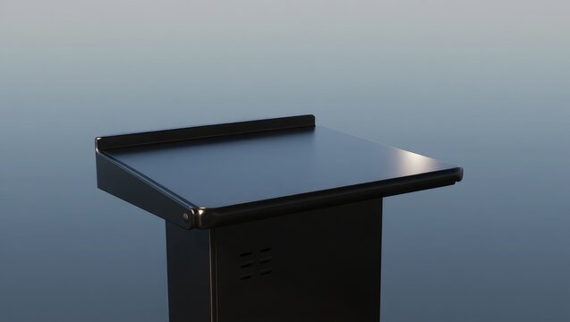 Black lectern with a rectangular top and a square base against a blurred blue-gray background - Powered by Adobe